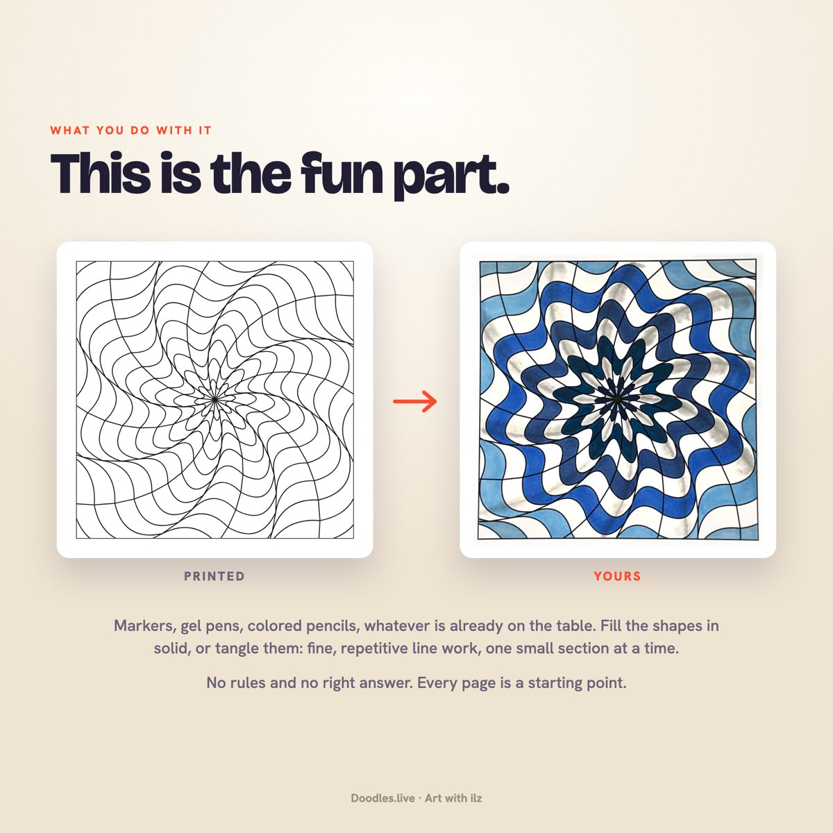 A Hypnotic page printed, and the same page colored in
